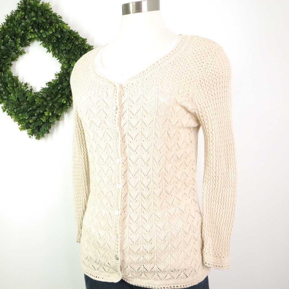L.L.Bean Pointelle Cream Cardigan Sweater- Small